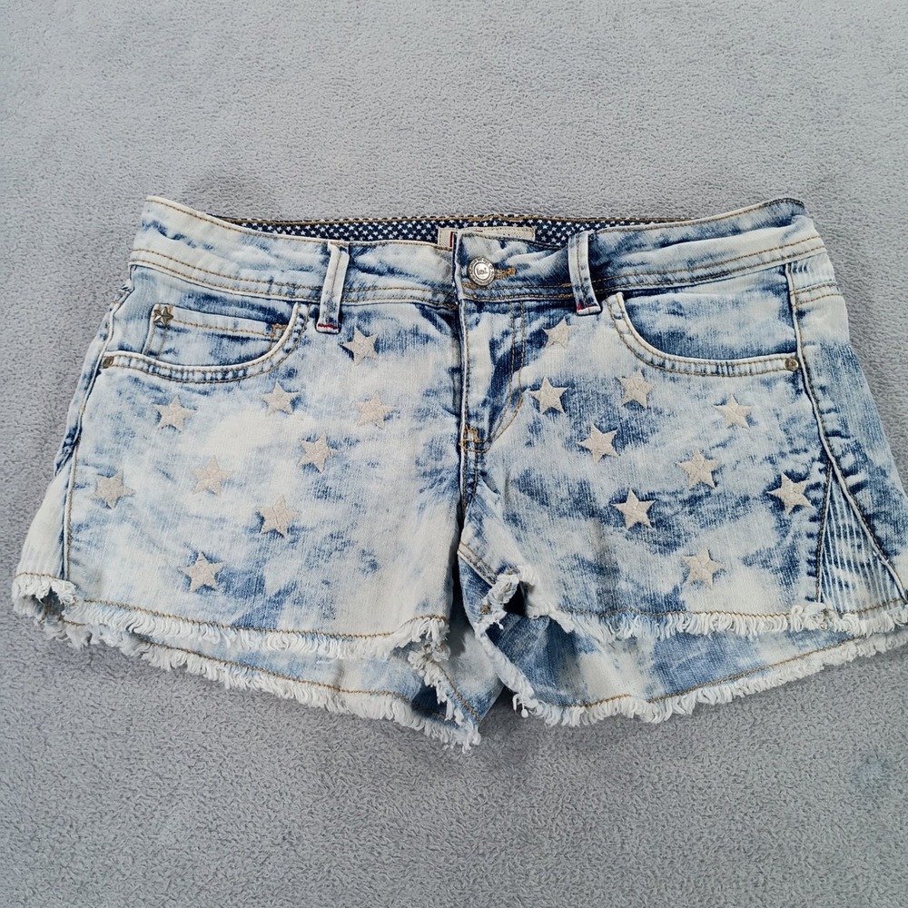 L.E.I. Juniors Ashley Lowrise Acid Wash Blue 7 Star Embroidered Denim Shorts